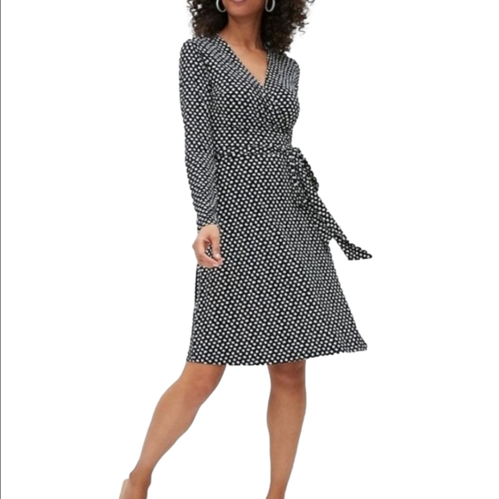Banana Republic Navy & White Abstract Polka Dot Long Sleeve True Wrap Dress